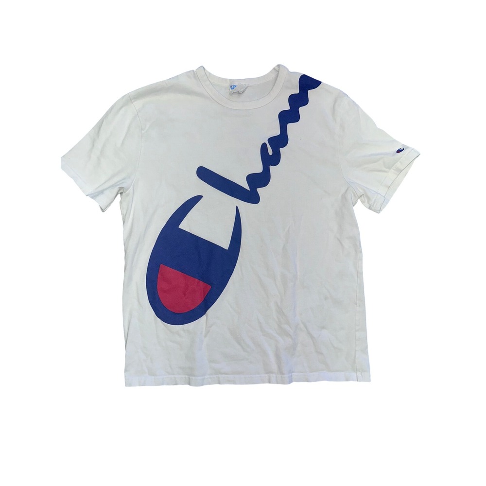 Champion Mens Large White Oversized Wrap Around Script Logo Short Sleeve T-Shirt